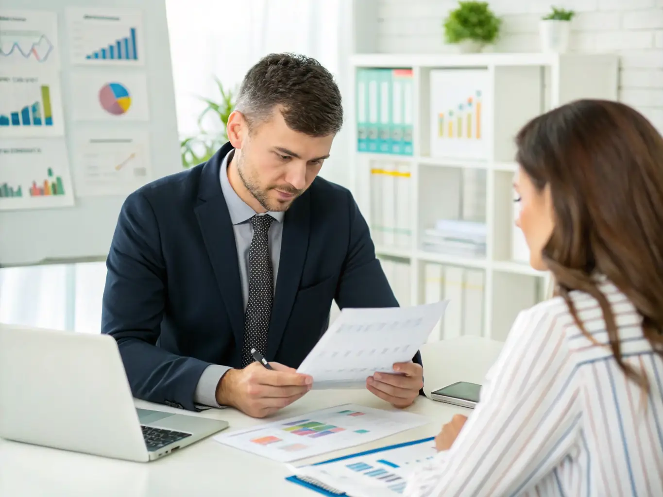 A professional financial consultant is reviewing a detailed financial report with a business owner in a modern office setting, emphasizing data-driven decision-making.