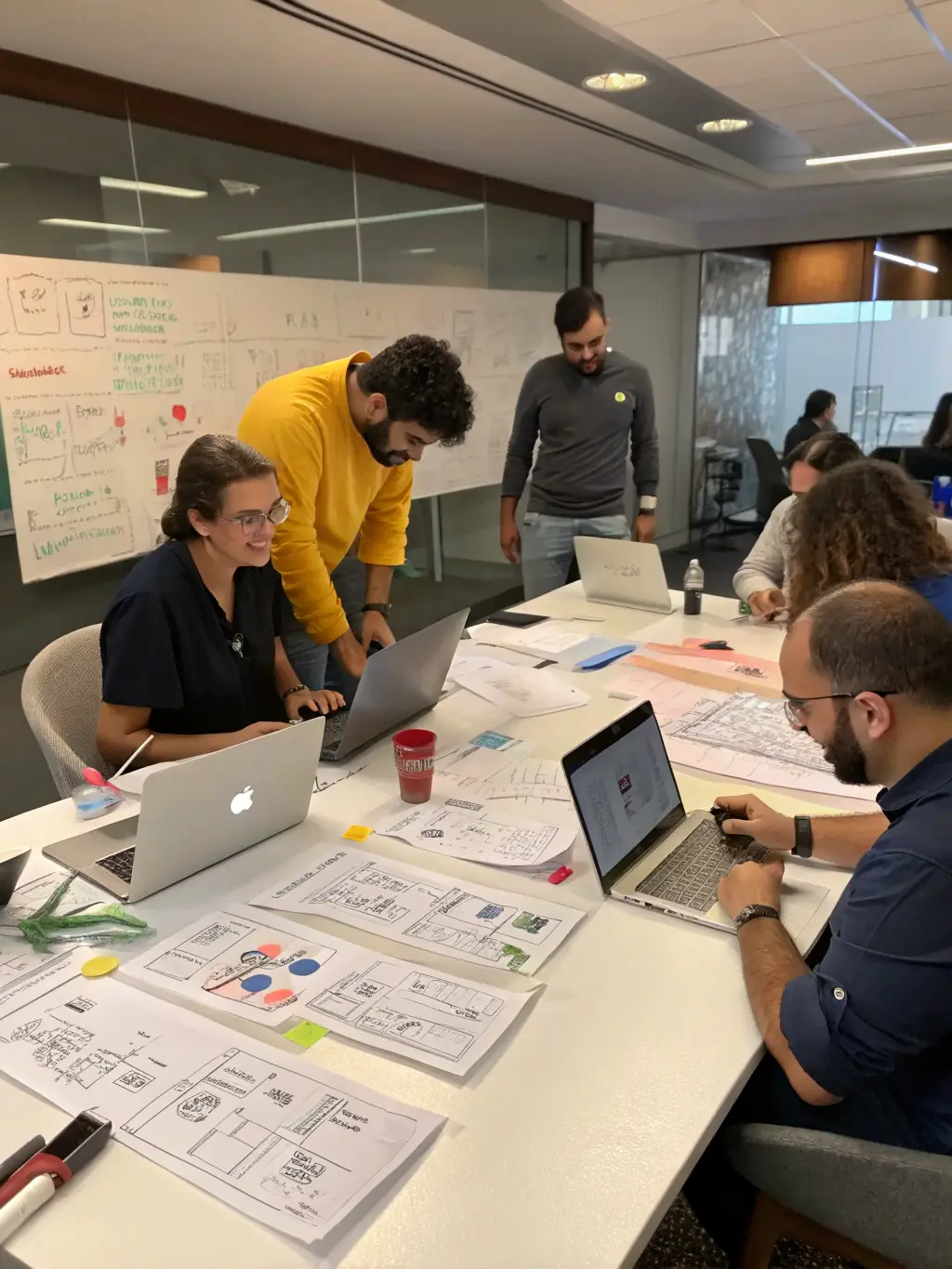 A vibrant image showcasing a branding workshop, with participants actively engaged in creating mood boards and discussing brand values.