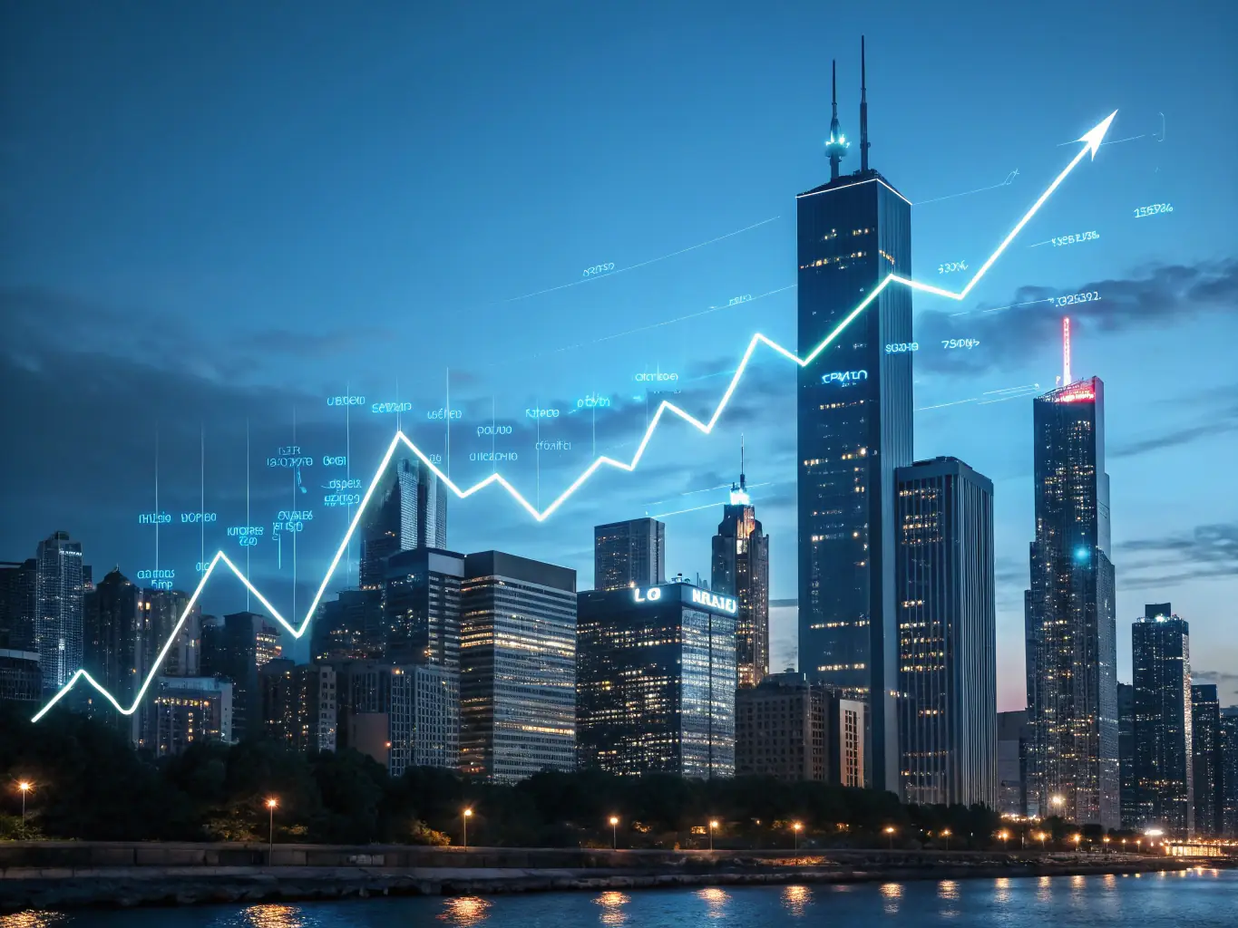 A long-term financial growth chart showing an upward trend, symbolizing stability and investment success, set against a backdrop of a thriving business environment.