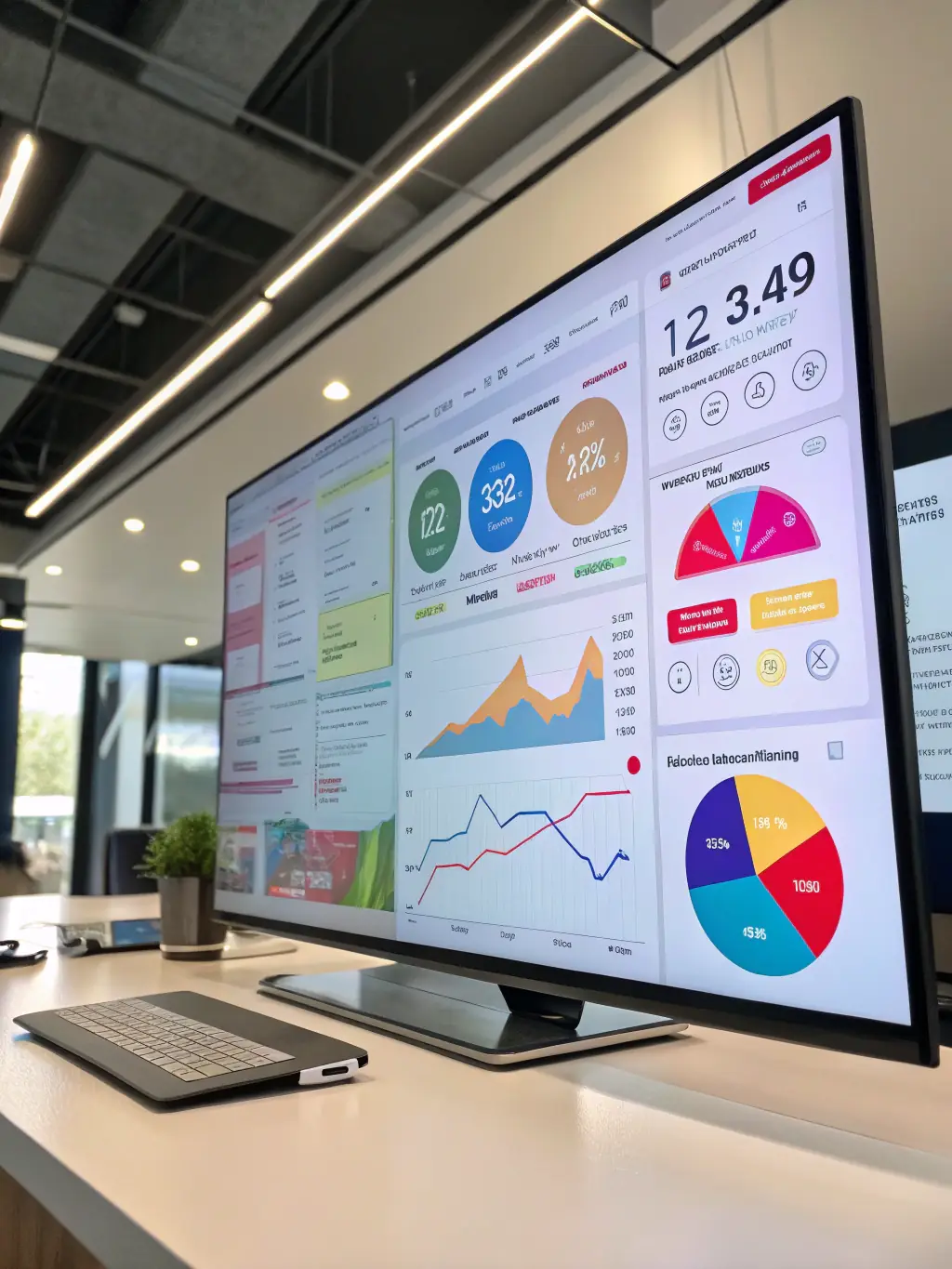A dynamic visual of a digital marketing campaign dashboard, displaying key metrics and engagement rates across various platforms.