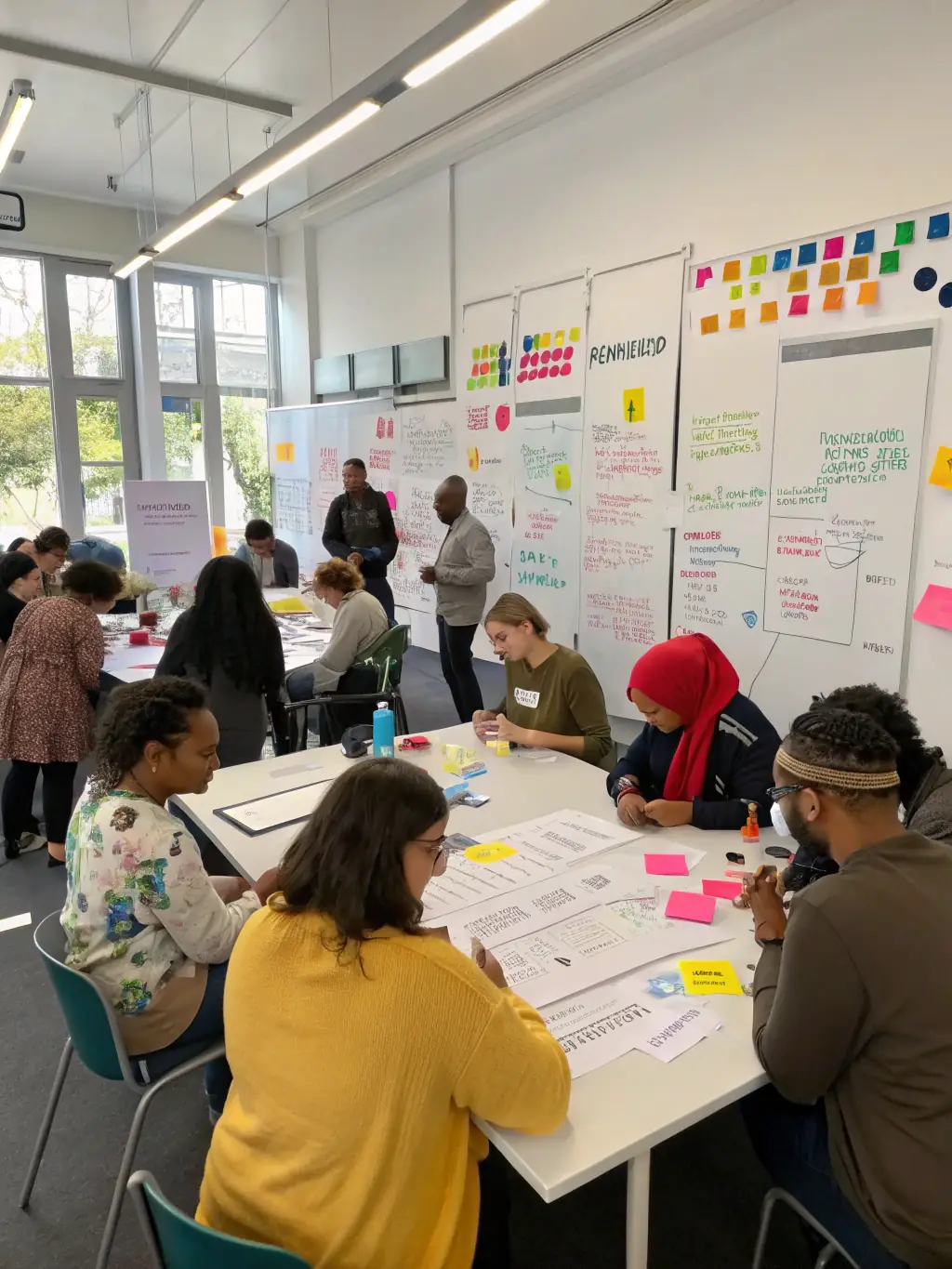 A professional photograph of a branding workshop session, with participants actively engaged in brainstorming and brand strategy discussions, reflecting Implied Marketing's collaborative approach to brand development.