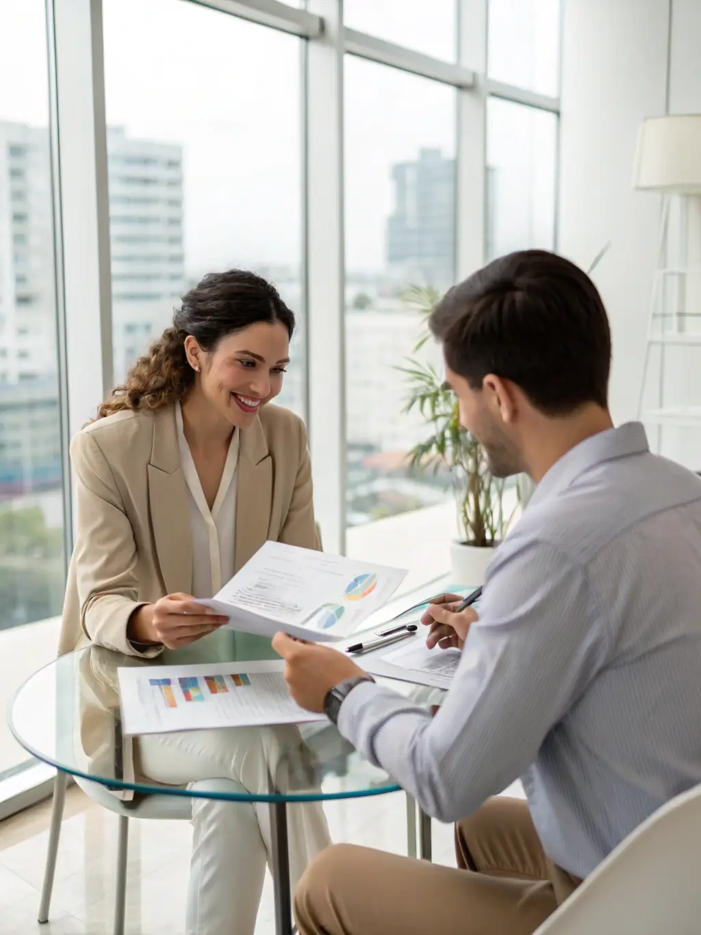 A consultant reviewing financial statements with a client in a modern office setting, emphasizing data analysis and strategic planning.